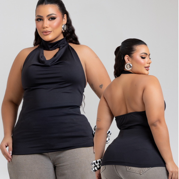 Blusa Plus Size em Suplex Premium com Detalhe no Pescoço Forro Duplo na Frente Gola Degagê Confortável Estilosa