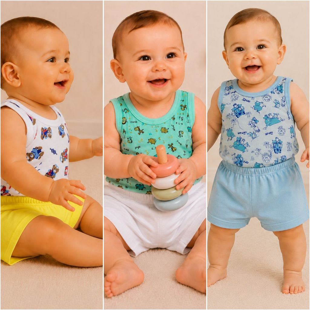 Conjunto Regata Short Bebê Infantil 100% Algodão Blusinha Regatinha Sortido Tapa Fralda Menino Menina Confortável