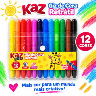 Giz de Cera Retrátil 12 Cores Lavável Infantil Ponta Twist Escolar Kaz
