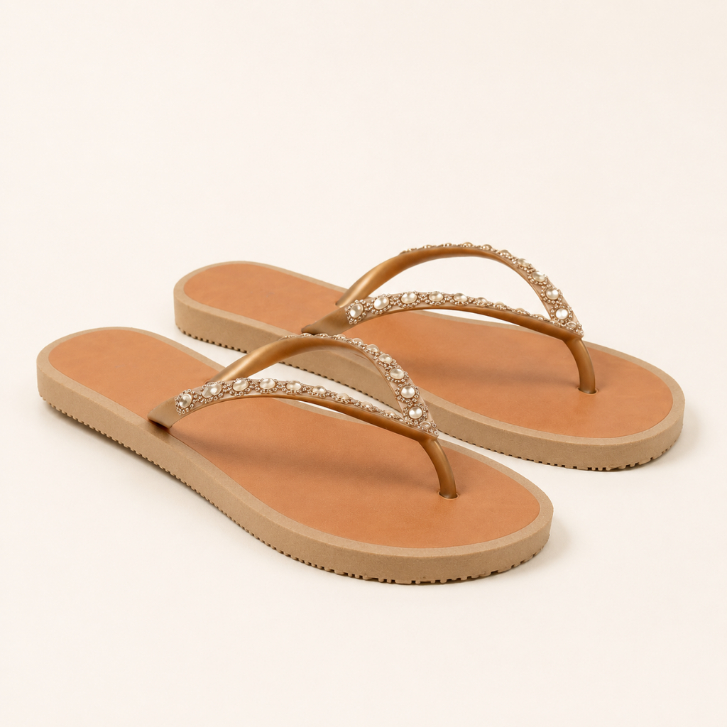 Chinelo Feminino Pérolas Rasteirinha Sandália Praia Piscina Antiderrapante Confortável Slip On