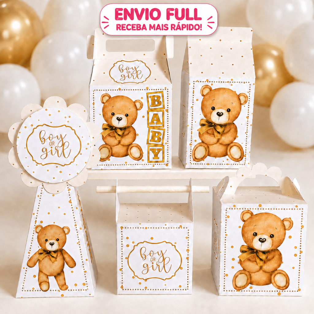 ENVIO RÁPIDO Kit Chá Revelação Lembrancinhas Ursinho Bege Neutro - Chá de bebê Pegue e Monte