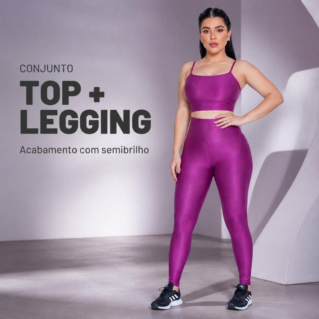 Conjunto Fitness Feminino Canelado Poliamida - Top X com Abertura para Bojo + Legging Cintura Alta Academia