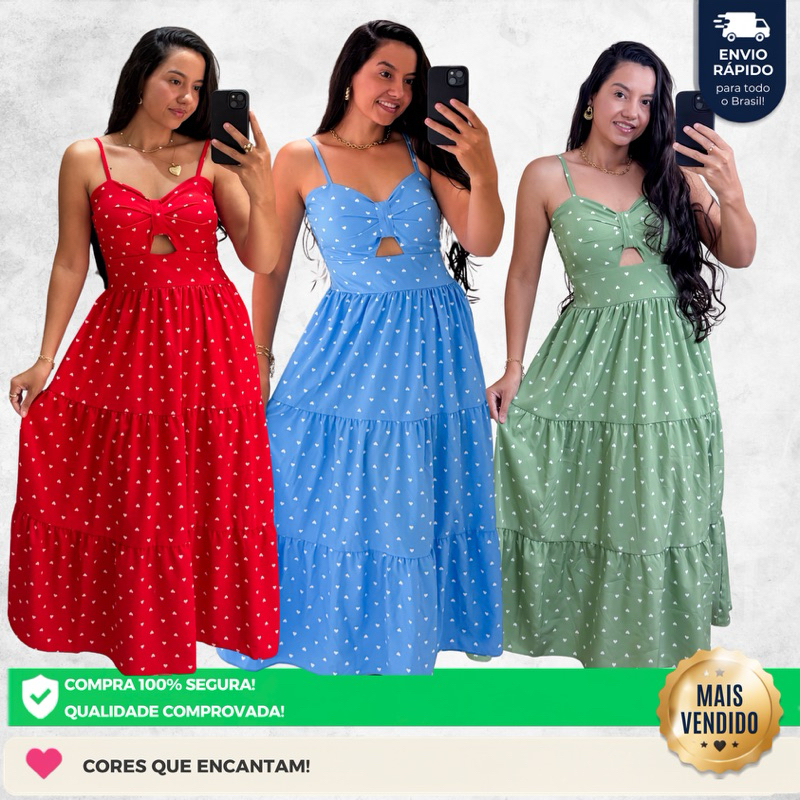 Vestido Midi de Coração Feminino Alcinha Regulável Com Bojo Removível