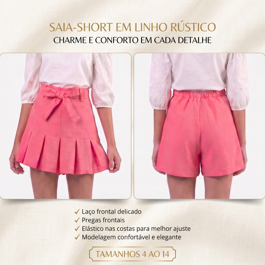 Short Saia Infantil Linho Rustico Premium Menina Moda Escola