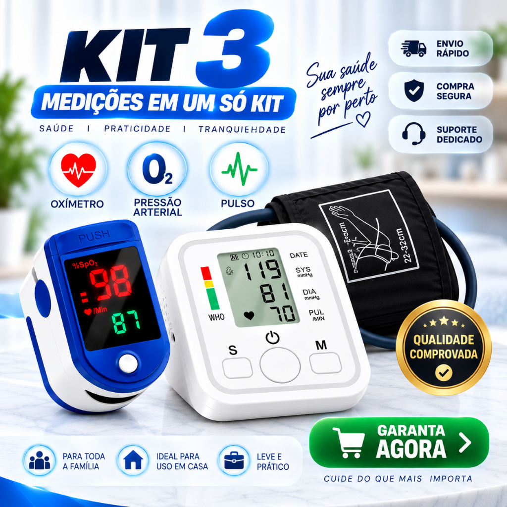 Oxímetro Digital de Dedo + Aparelho de Pressão Digital de Braço Kit Medidor de Saturação e Pressão