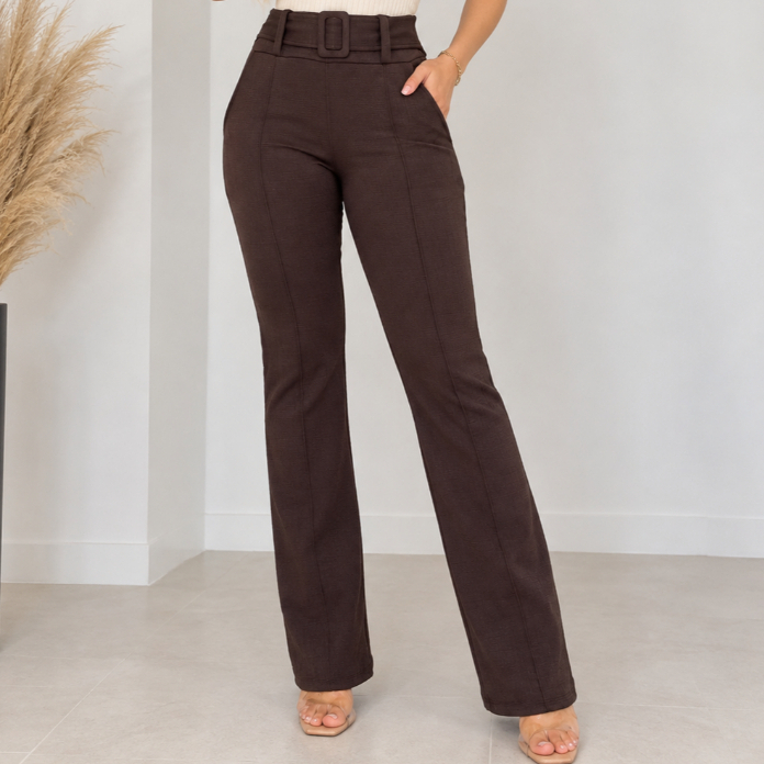 CALÇA FLARE JACQUARD LINHO COM  CINTO FIXO NA PEÇA CINTURA ALTA