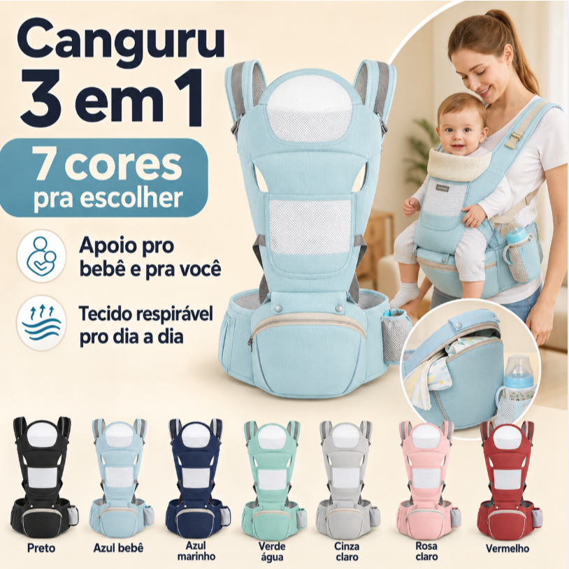 Canguru para Bebê com Assento Removível, Suporte de Cabeça, Tecido Respirável, Alças Ajustáveis e Bolsos para Passeio