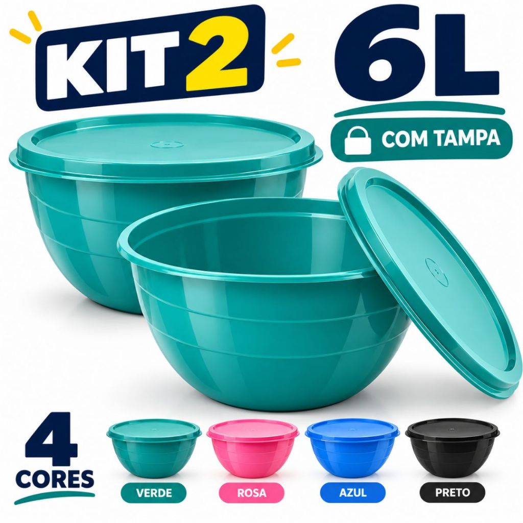 Kit 2 Saladeira Grandes 6L com Tampa Bowl Bacia Tigela Plástica