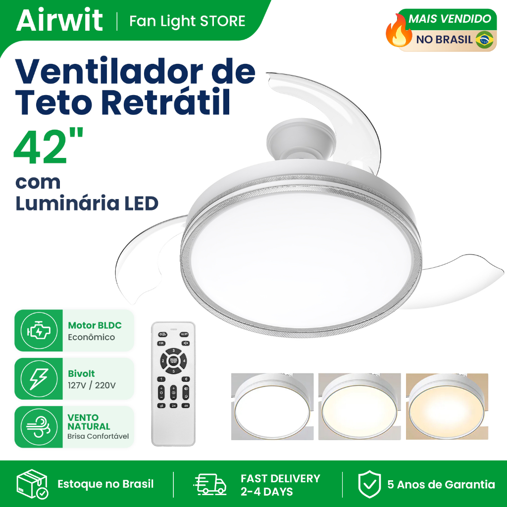 Airwit 42 Inch 3 pás Ventilador De Teto Retrátil Com Luminária LED Controle Remoto 80w Grande 3 Pás Retráteis Silencioso
