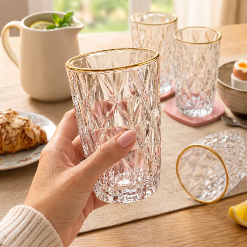 Jogo 6 Copos de Vidro Diamond Borda Dourada 350ml Mesa Posta Luxo