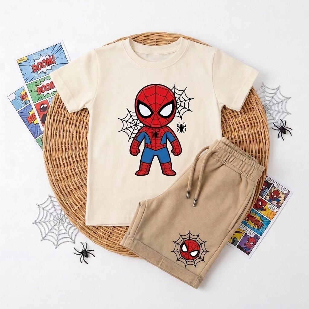 Conjunto Infantil Masculino Camiseta Estampada Super-Herói Homem Aranha + Bermuda Moletinho Caqui Menino