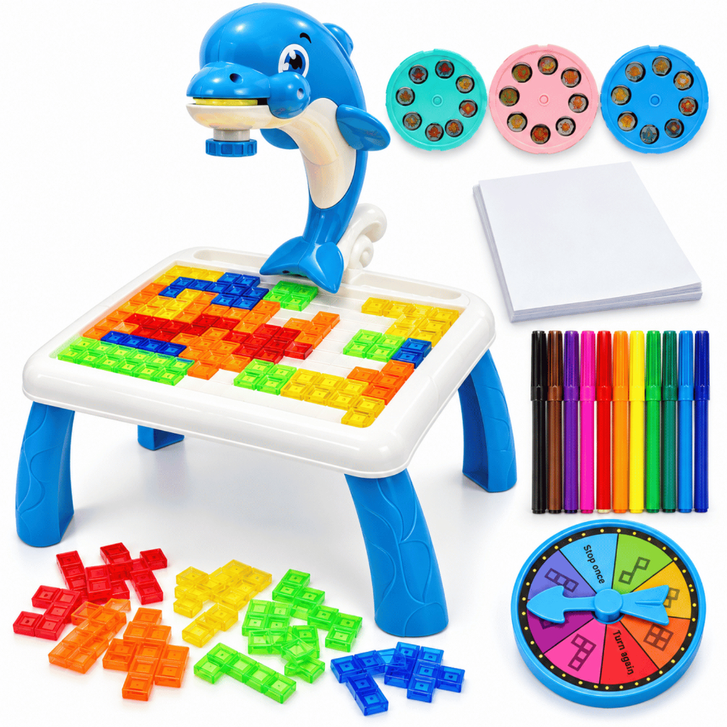 Mesa Infantil Projetor Desenho Brinquedo Educativo Tetris Canetinha Jogo Montar Pintar Colorir Criativo Menino Menina