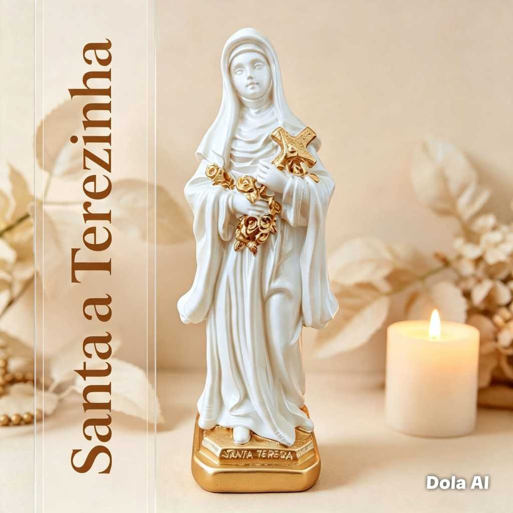 imagem Santa Terezinha do menino jesus 21 cm gesso pintura pérola e dourado presente de fé arte sacra decoração rosas