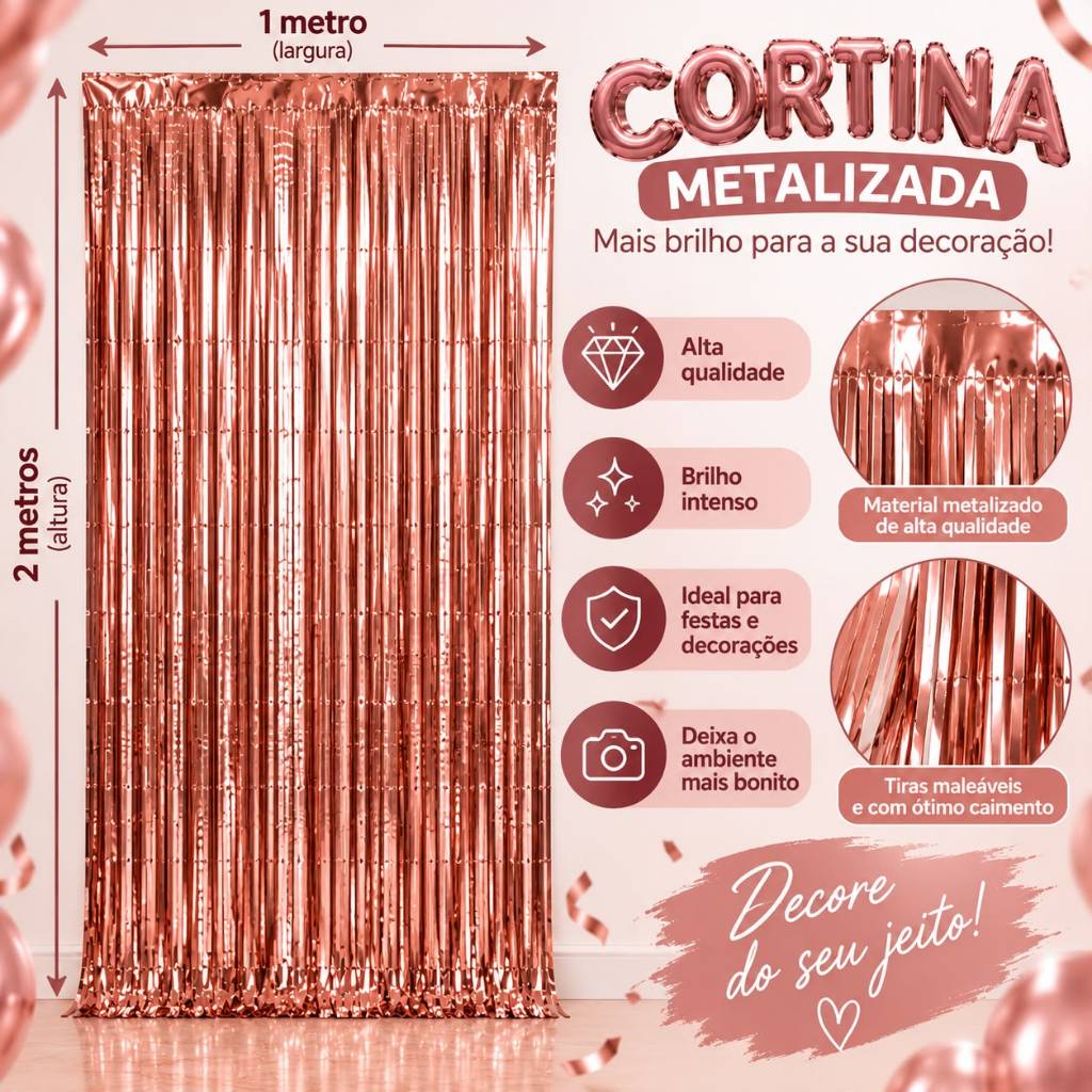 Kit Decoração Festa Aniversário Completo 2 Cortinas Metalizadas + 2 Kits Buquê Balões 9 Peças + Balão Feliz Aniversário — imagem 2 de 2