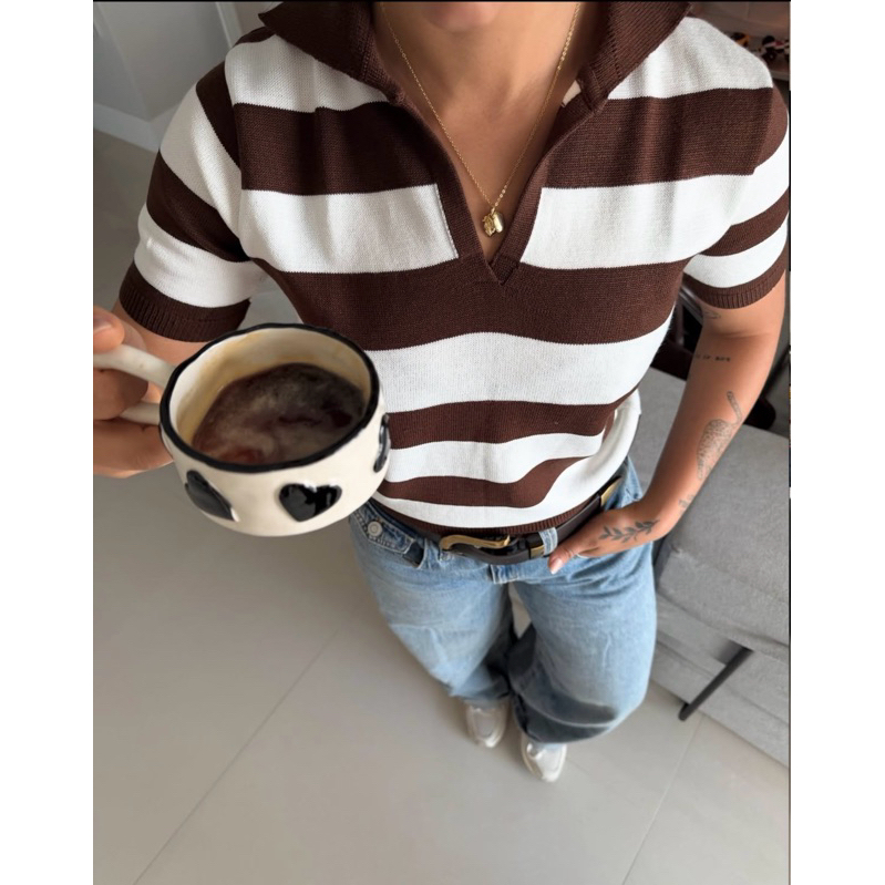 Blusa Feminina Tricô Modal Polo Listrada