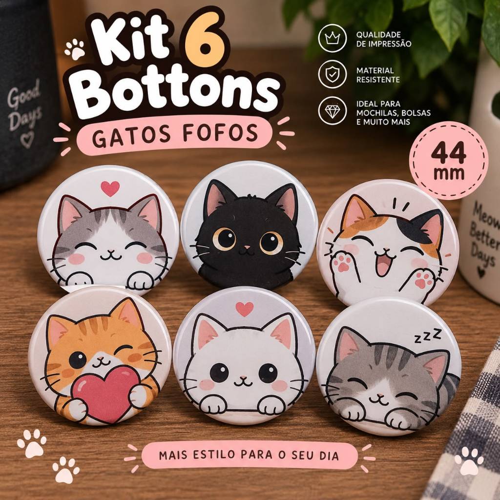 Kit 6 Bottons Gatos Fofos 44mm Kawaii | Pins Para Mochila Bolsa