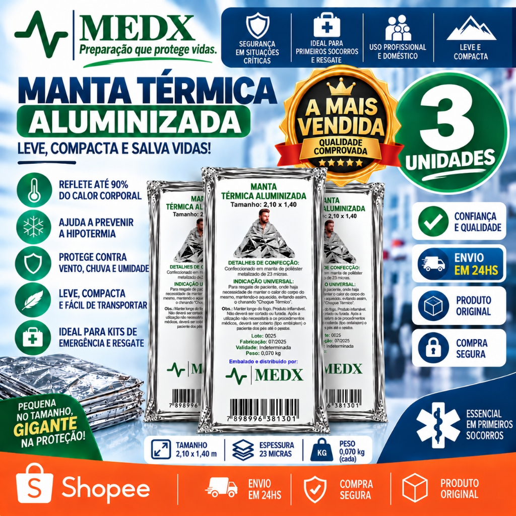 Kit 3Un Manta Térmica Aluminizado Para Resgate, Emergência e Camping Isolamento Térmico