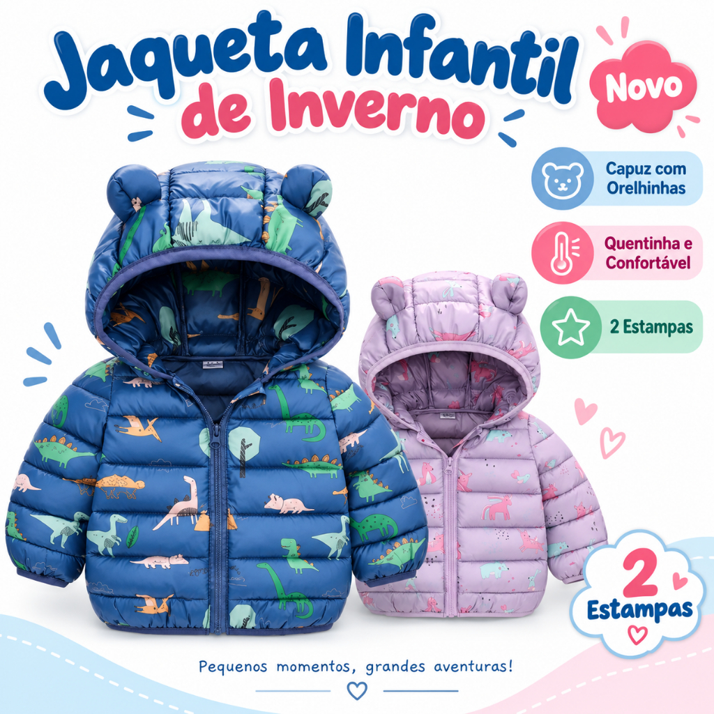 Casaco Infantil de Inverno Acolchoado com Capuz Orelhinhas Estampado Dinossauro Unicórnio Menino Menina