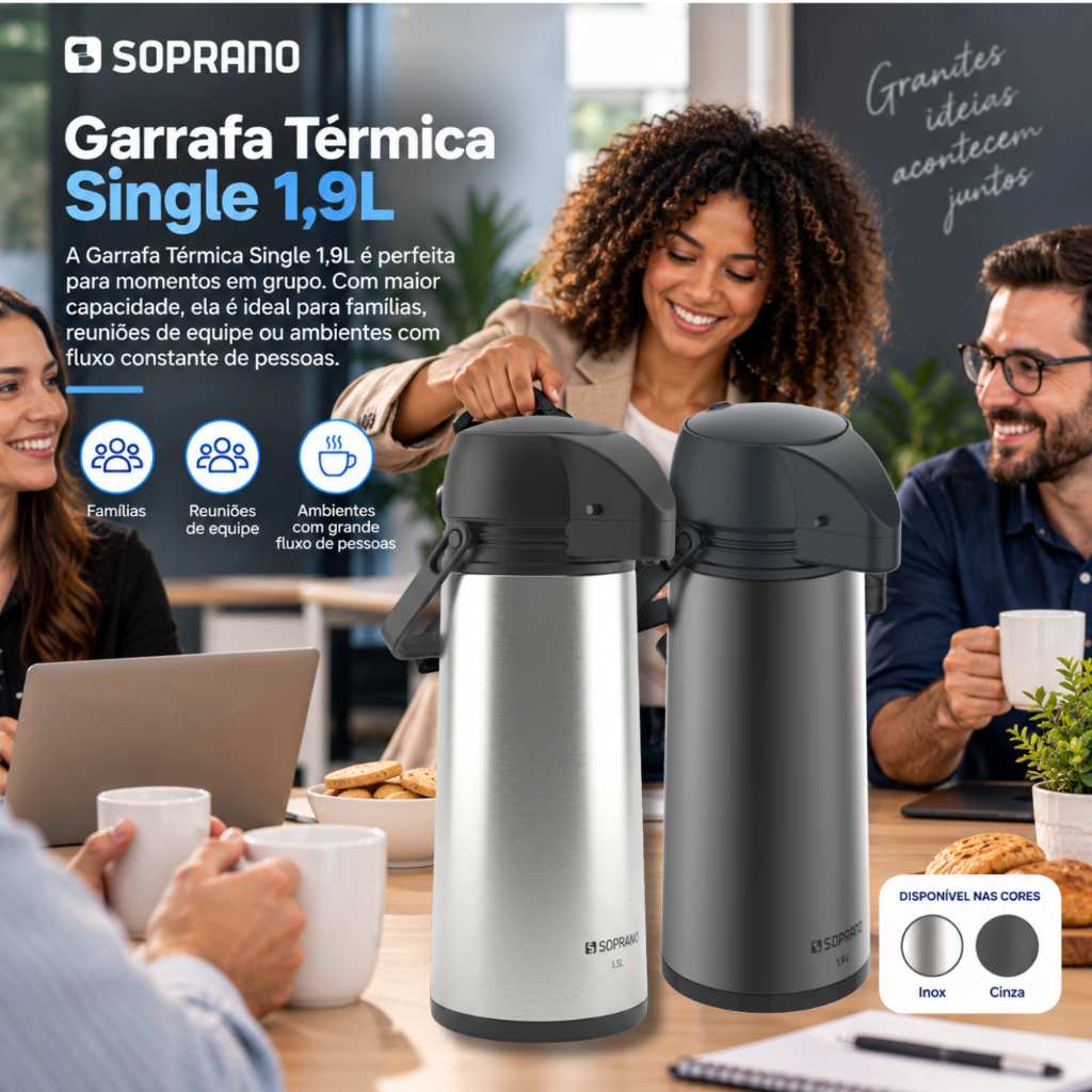Garrafa Térmica Grande 1,9 Litros de Café Chá Single Inox Preto Conserva Quente Frio Soprano 1,9L · foto 2