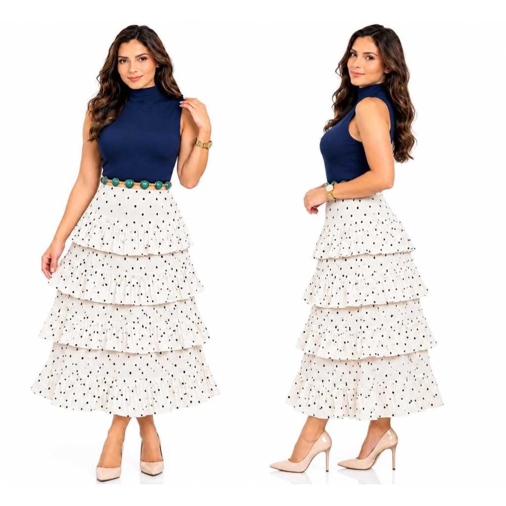 ​​​Saia Midi Plissada 4 Camadas Evangelica Tecido Duna Com Forro Moda Elegante