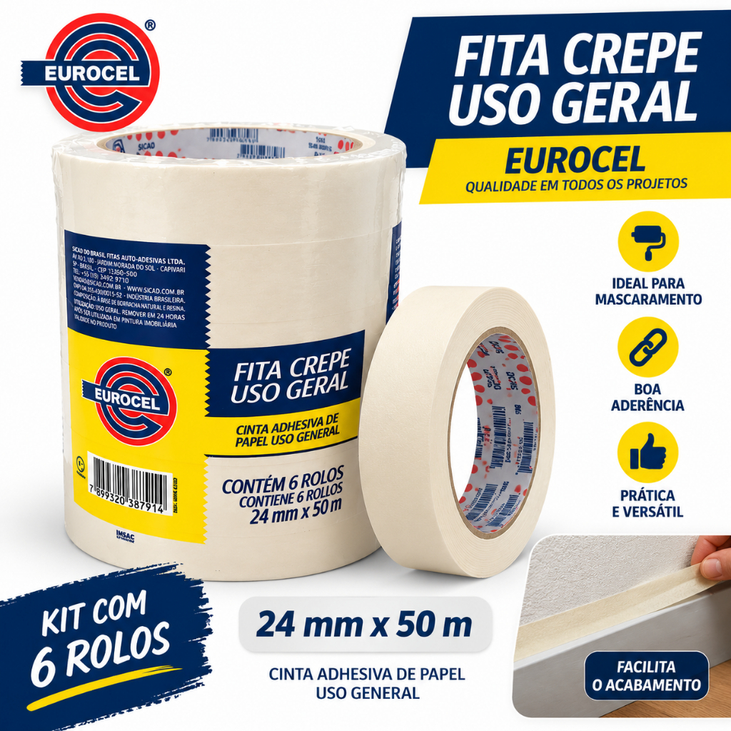 Fita Crepe Eurocel 24mm x 50m Kit 6 Rolos Uso Geral Pintura e Mascaramento