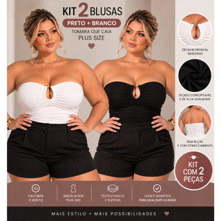 Kit 2 Blusas Tomara que Caia Feminina Plus Size Preto e Branco Cropped Sem Alça com Bojo Moda Verão