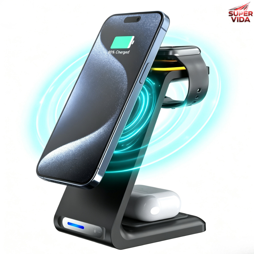 Carregador Sem Fio Magnético 3 em 1 15W Anatel Suporte Indução para Celular Smartwatch Preto-Aitek