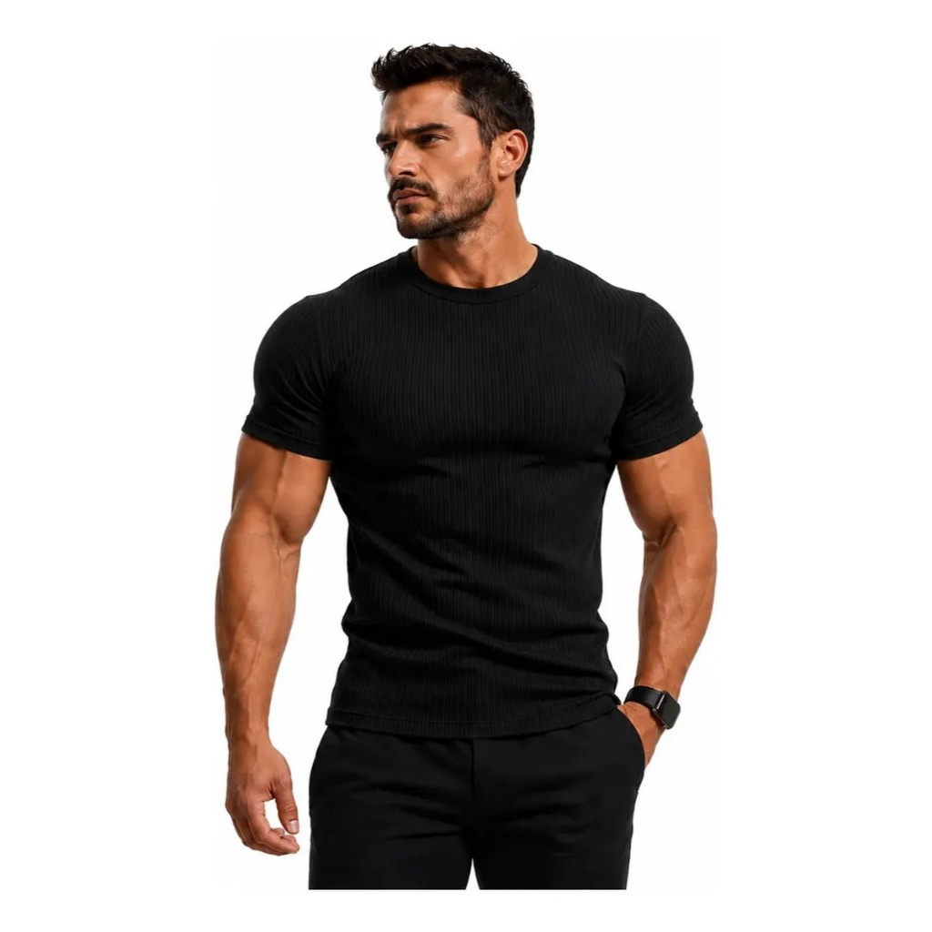 Camisa Masculina Gringa Canelada Manga Curta Slim Luxo