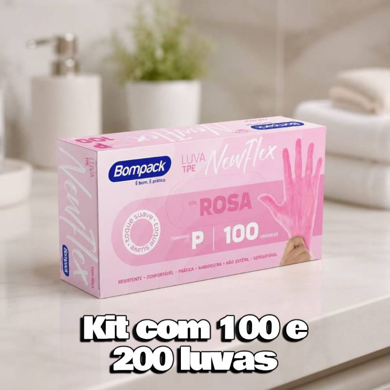 Luva Rosa Newflex TPE descartável Ambidestra s/ pó cx 100 unidades P M G GG
