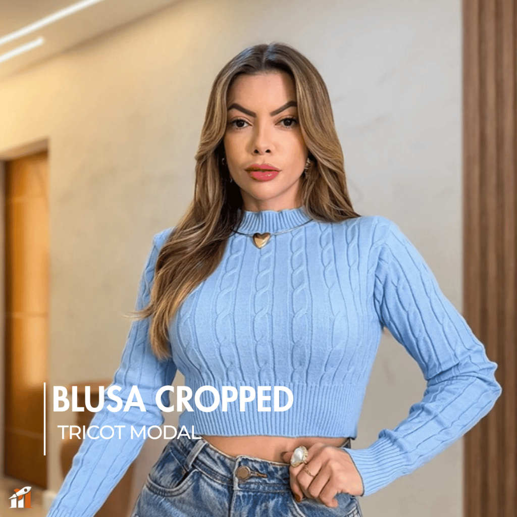 Blusa Cropped Feminino Manga Longa Tricot Modal Elegante