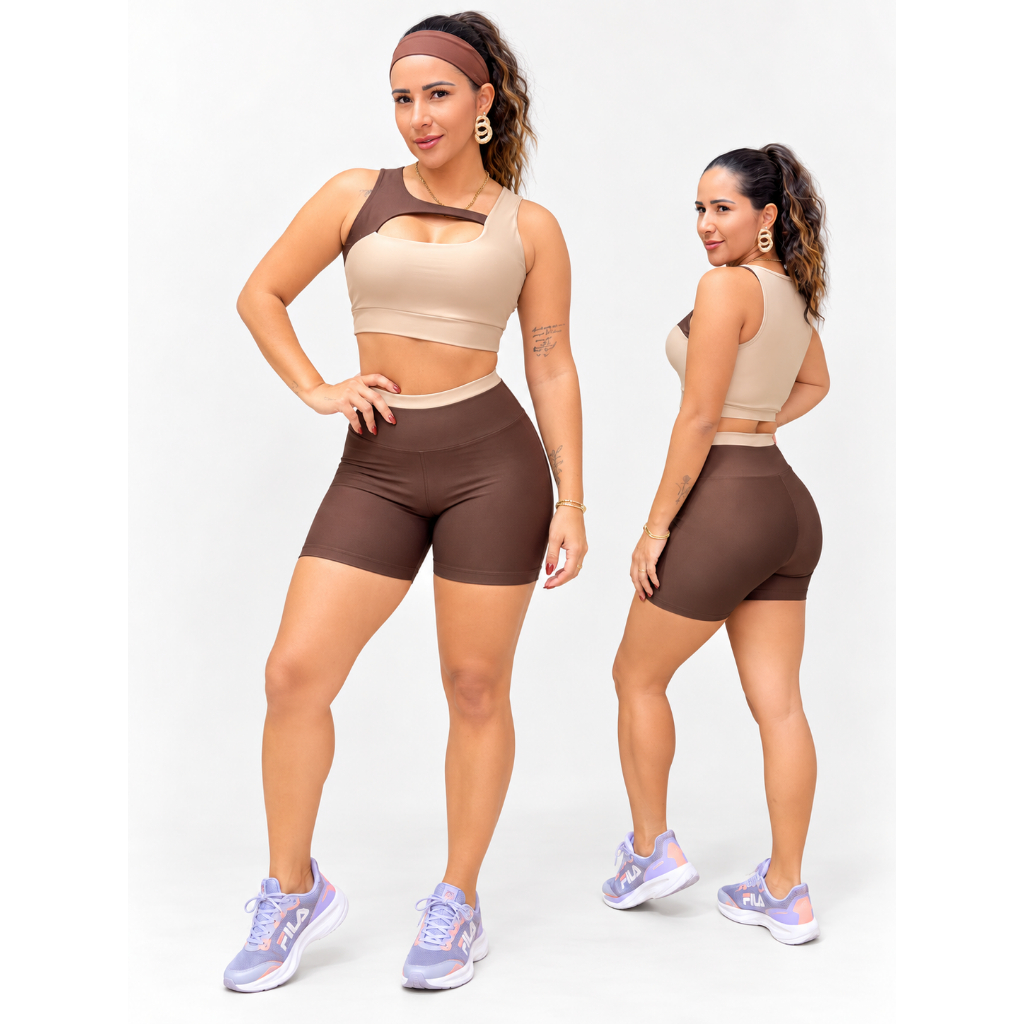 Conjunto Fitness Feminino Bicolor Short + Top com Bojo Removível Academia Treino Cintura Alta Moda Fitness Exercicios