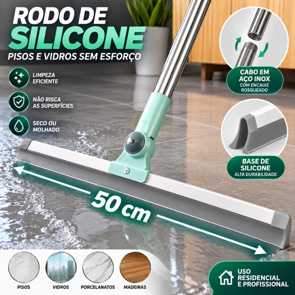 Rodo de Silicone Para Limpeza de Piso Vidros Com Gancho Secos e Molhados Uso Duplo Vassoura Mágica