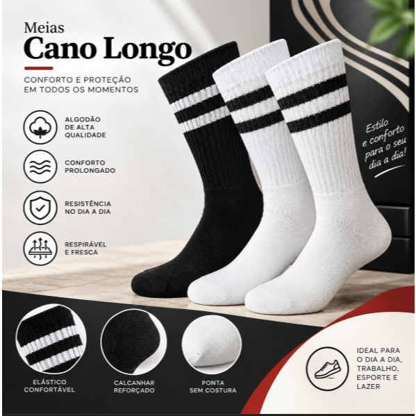 Confira Kit 3 Pares de Meias Cano Alto Academia Fitness Algodão Listras Lisas ou Mescladas