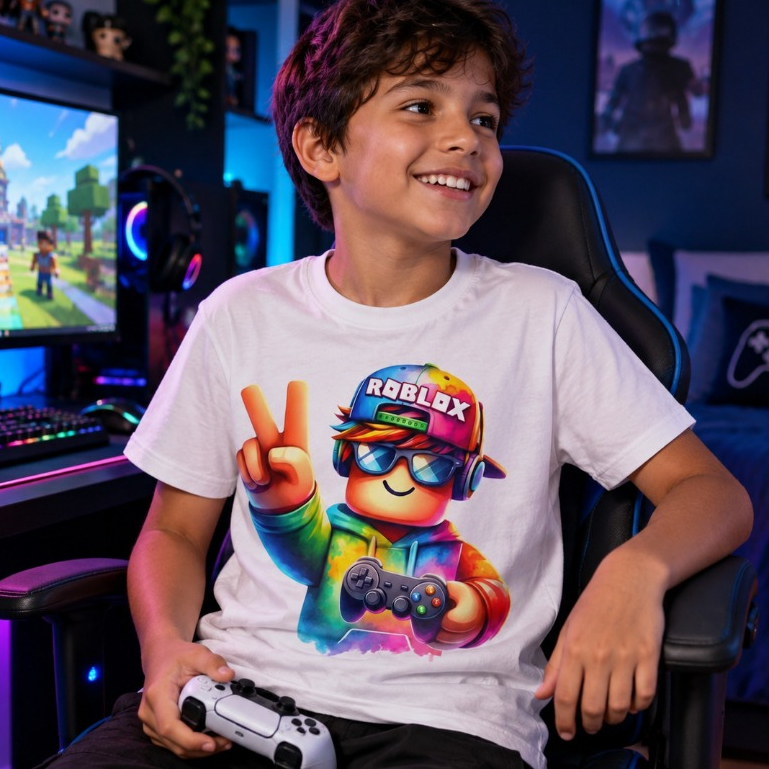 Camiseta Infantil Gamer Roblox Estampada Colorida Manga Curta para Menino e Menina