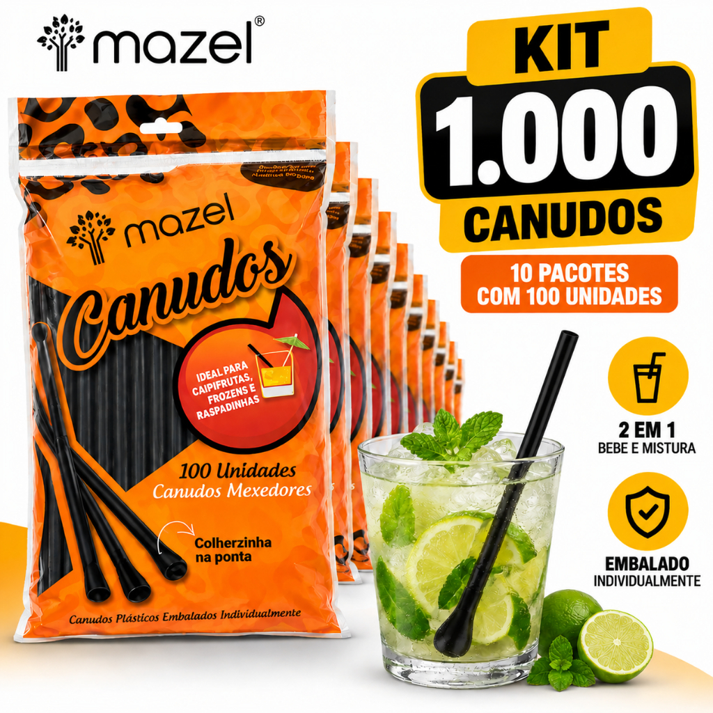 Kit 1.000 Canudos Mexedores Pretos com Colherinha Mazel 17,5cm para Drinks Colher