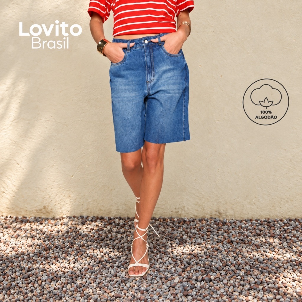 Lovito Bermuda Jeans Casual Feminina Barra a Fio STB16341664