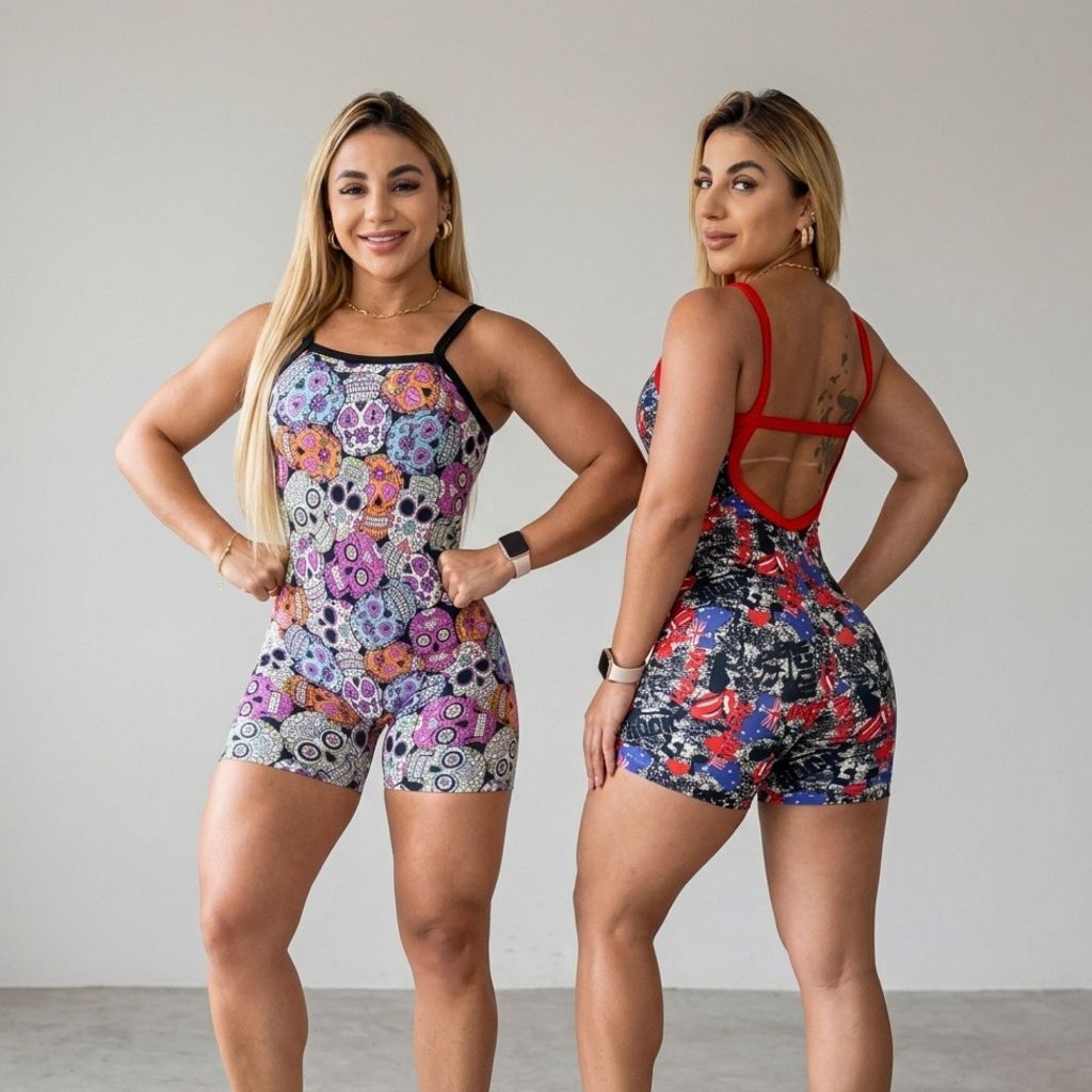 Macaquinho Feminino De Academia Curto Fitness Shortinho Liso Estampado