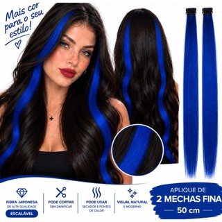 Kit 2 Mechas Azuis 50cm Fibra Japonesa Alta Qualidade  chapelete Mais Cor e Atitude Para o Seu Estilo