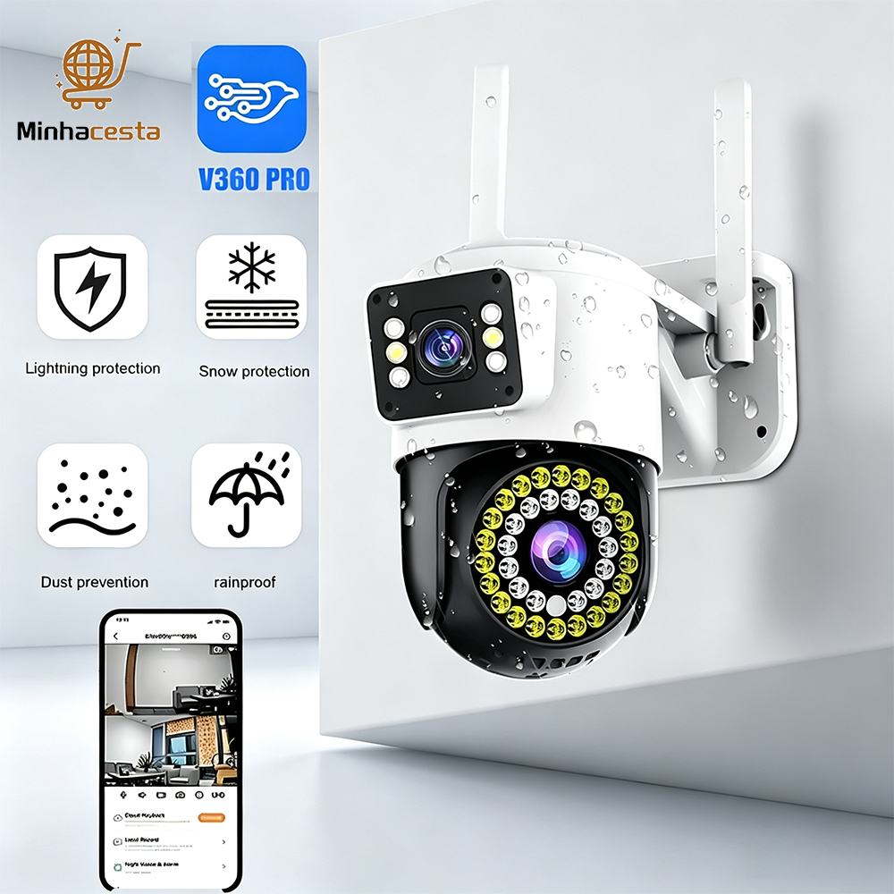 Câmera Segurança WiFI IP 2 Lentes Visão Noturna Microfone a Prova D'água gira 360 App V360 G1