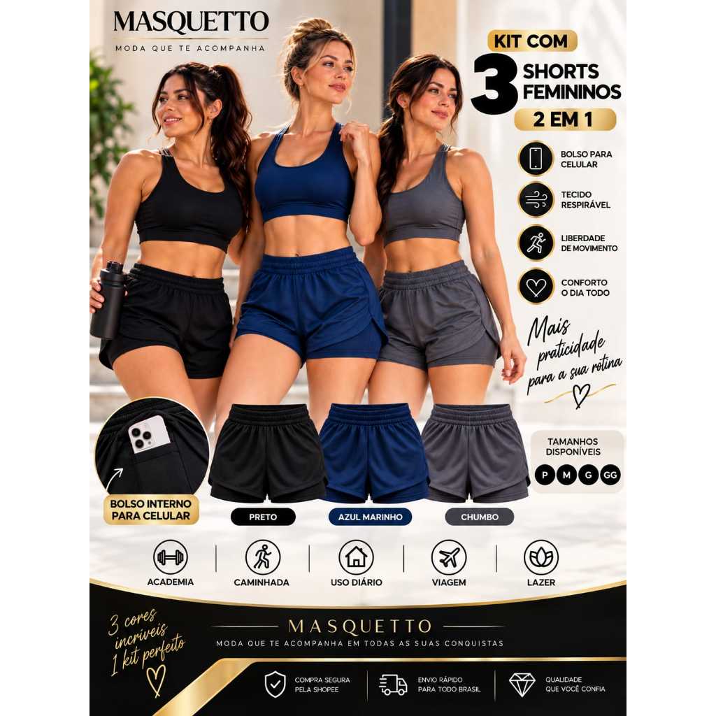 Kit 3 Shorts Feminino 2 em 1 Dry Fit com Bolso para Celular Academia Fitness Treino Corrida Caminhada Casual Dia a Dia