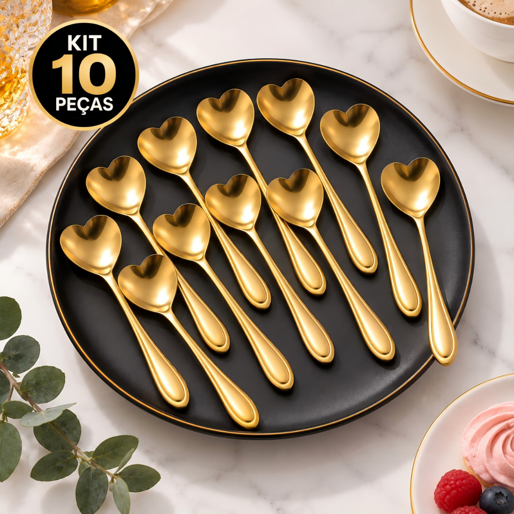Kit 10 Peças Colheres Coração Douradas para Café Chá Sobremesa Mesa Posta Aço Inoxidável