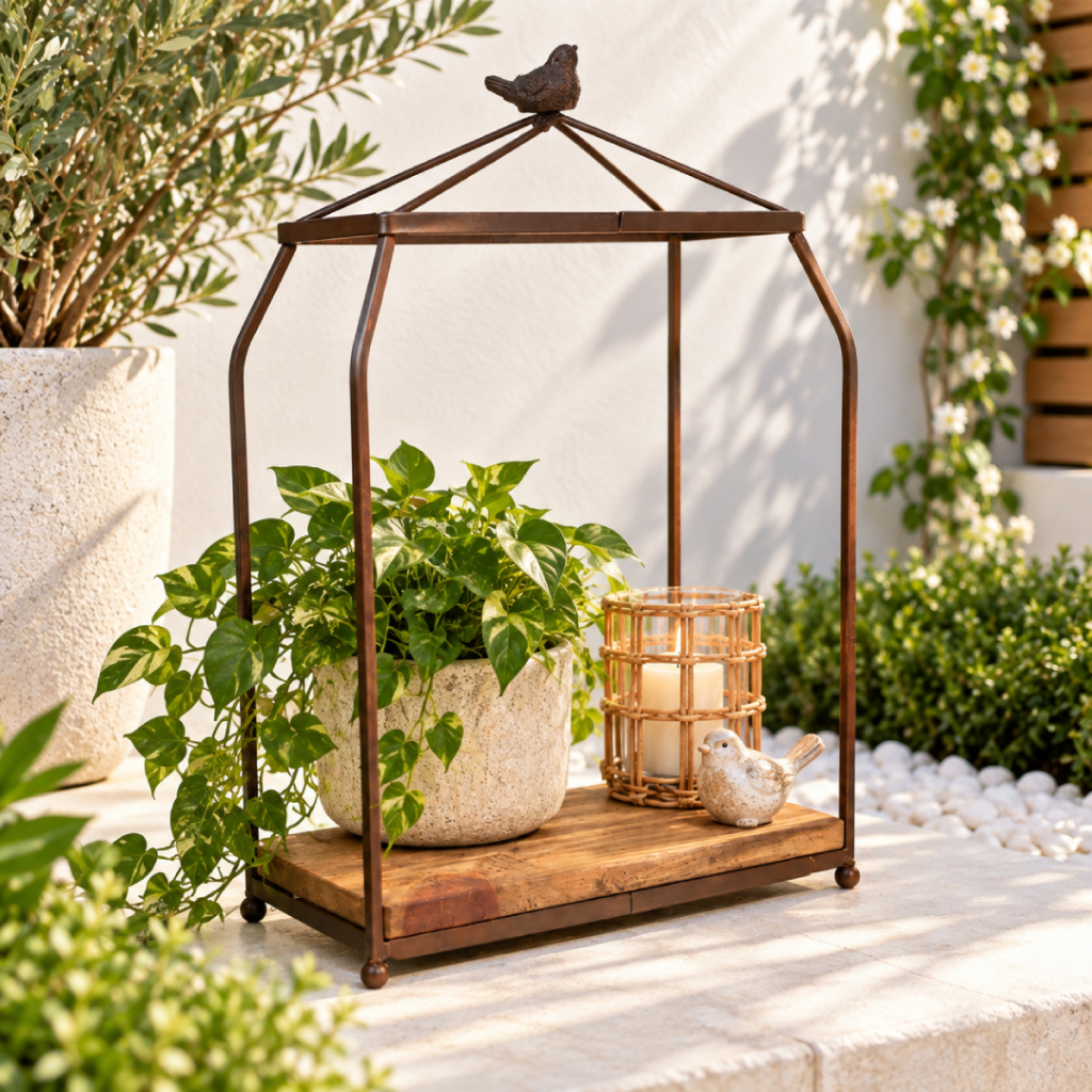 Suporte Ferro Cruzado Retangular Grande Base Madeira Enfeite Pássaro Vaso Flores Jardim Farmhouse