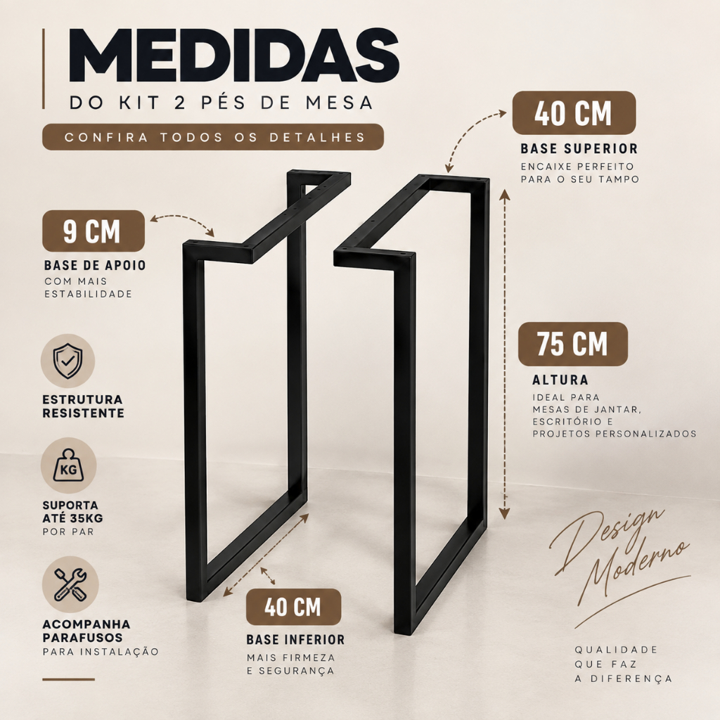 Kit 2 Pés de Mesa Metalon 20x20 Preto 75cm | Base para Mesa Escritório, Jantar e Home Office — imagem 2 de 2