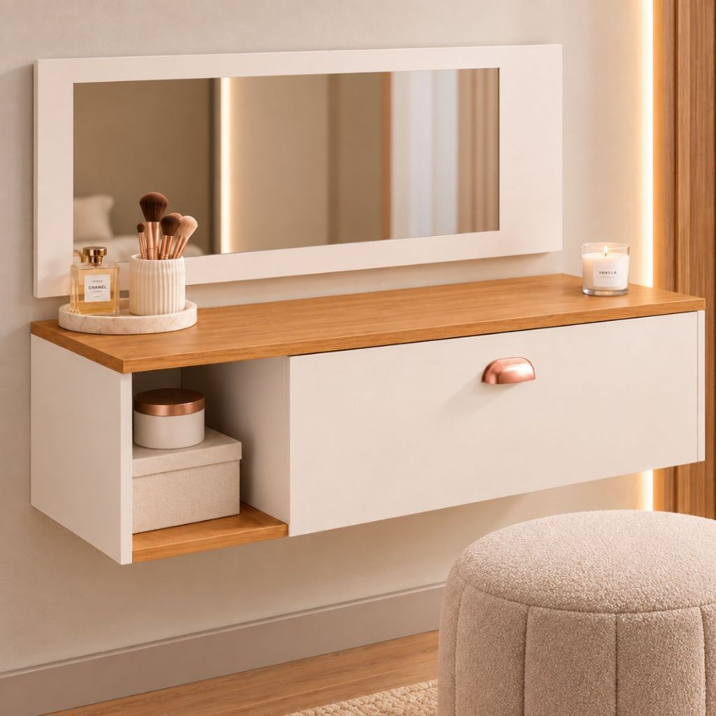 Penteadeira Suspensa Make Up Joy Com Gaveta e Nicho Moderna Para Quarto Maquiagem Organização e Decoração