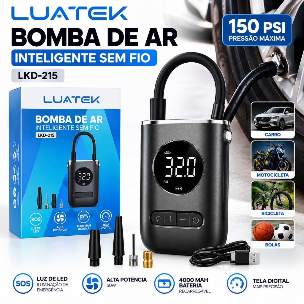 Bomba de Ar Inteligente Sem Fio Luatek LKD-215 – 150 PSI 4000mAh