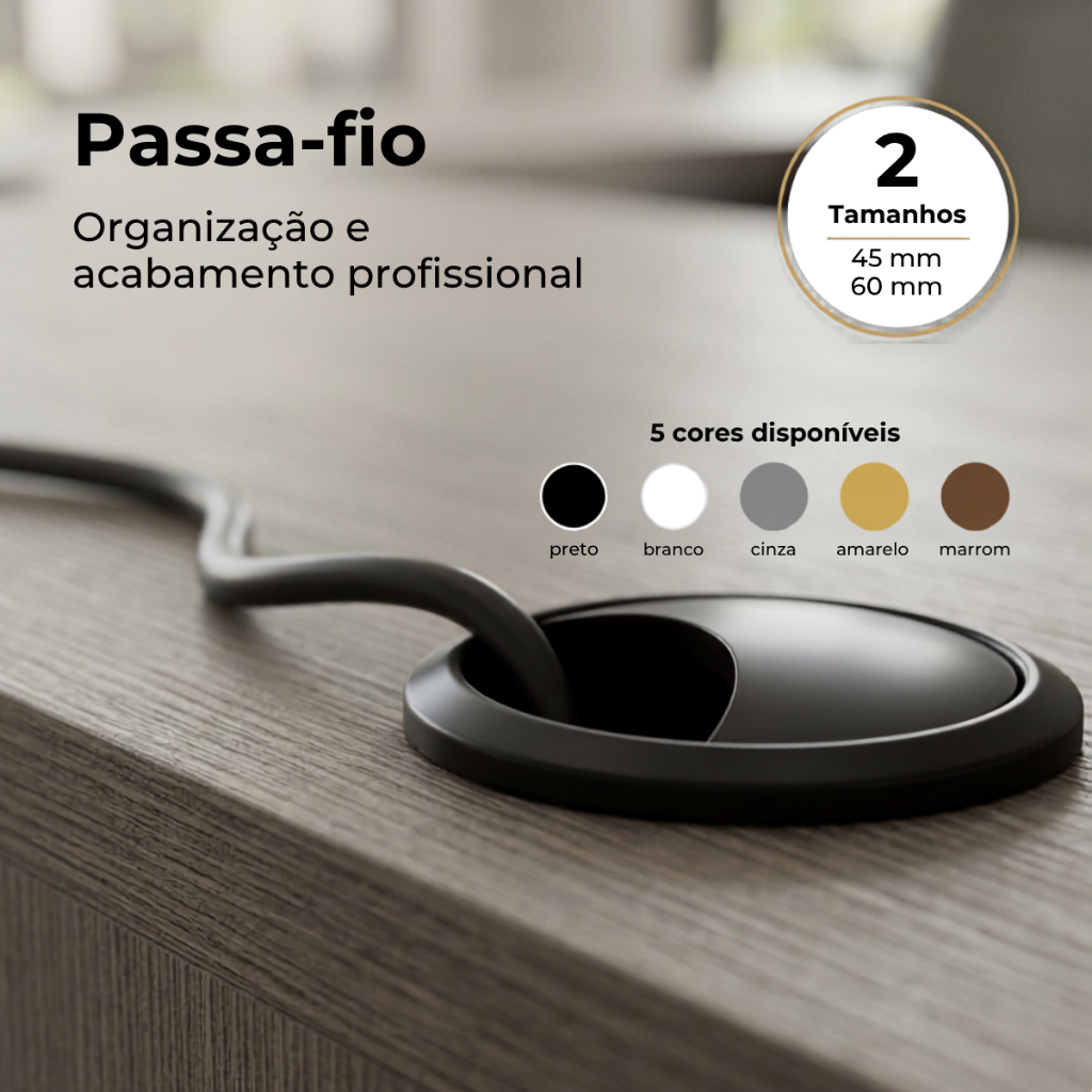 Kit 2 Passa Fio E Cabo Circular Para Mesa De Escritório Armário Móveis De Madeira 45mm Ou 59mm
