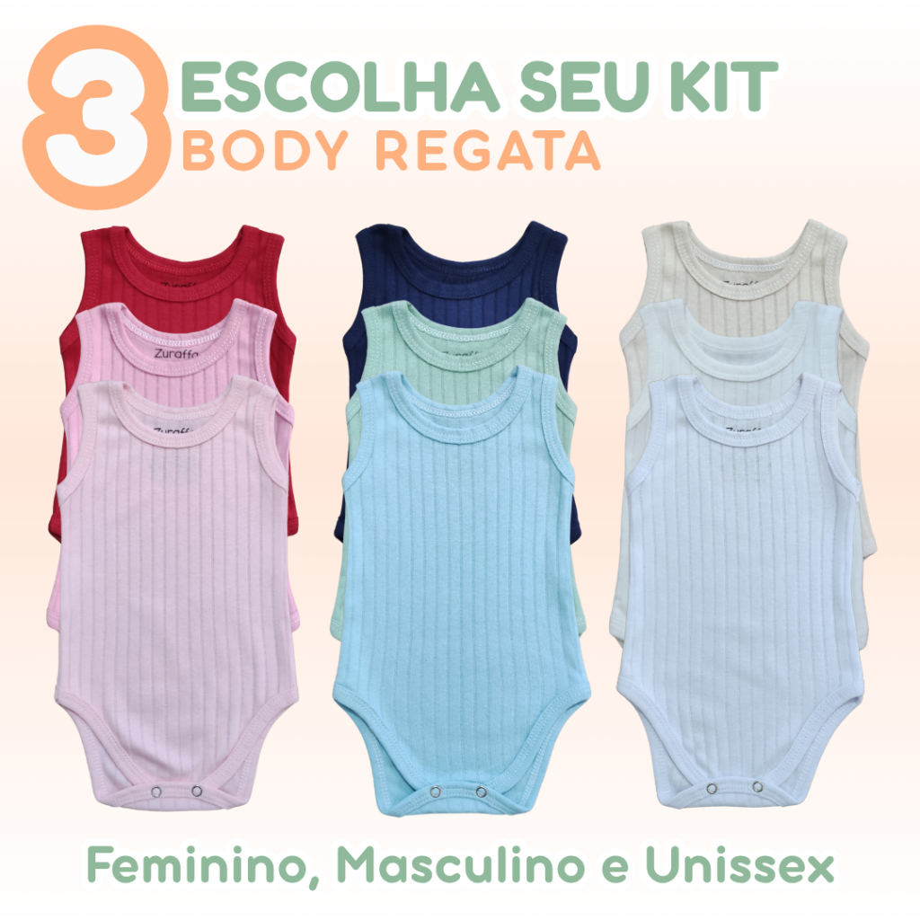 Kit 3 Bodys Regata Bebê Comfort Baby 100% Algodão Canelado Liso Verão Feminino Masculino RNPMG e 1.2.3 anos Zuraffa Baby