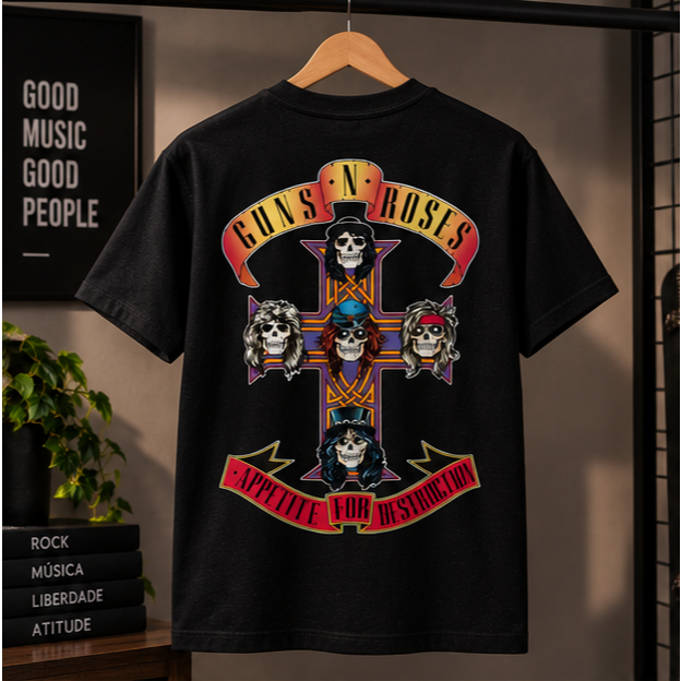 Camiseta Rock Estampada Guns N’ Roses 100% Algodão Manga Curta Unissex