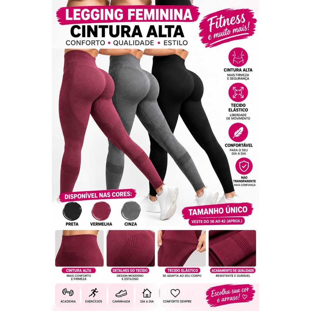 Calça Legging Feminina Cintura Alta Fitness Academia Confortável Modeladora Sem Costura/Não Transparente/Alta Compressã