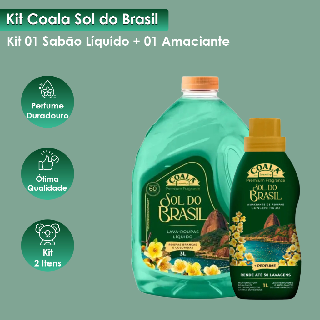 Kit 02 unidades Coala Sol do Brasil 01 Sabão Líquido 3L + 01 Amaciante 1L — imagem 2 de 2